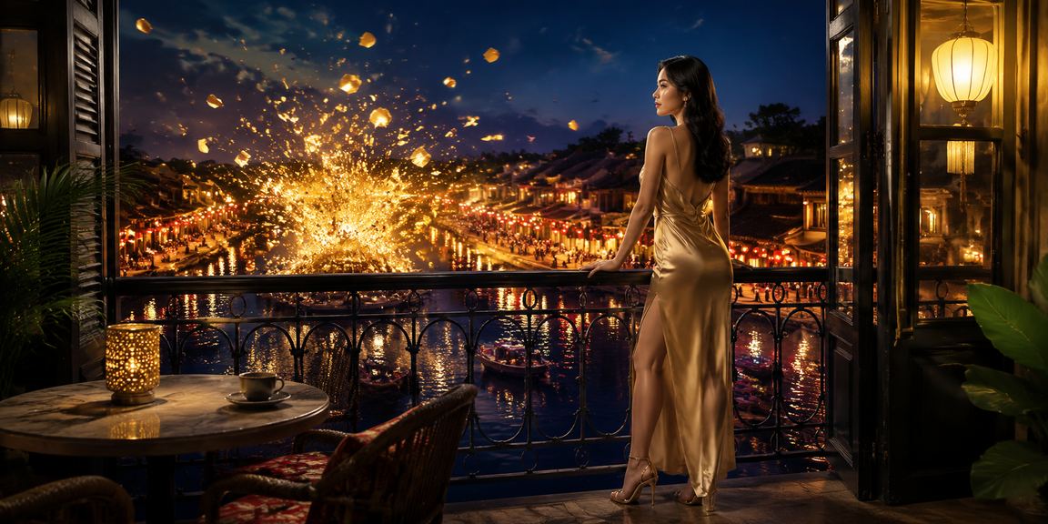 Người dùng tại Hội An xem thông tin VIP và khuyến mãi trên điện thoại bên tách cà phê